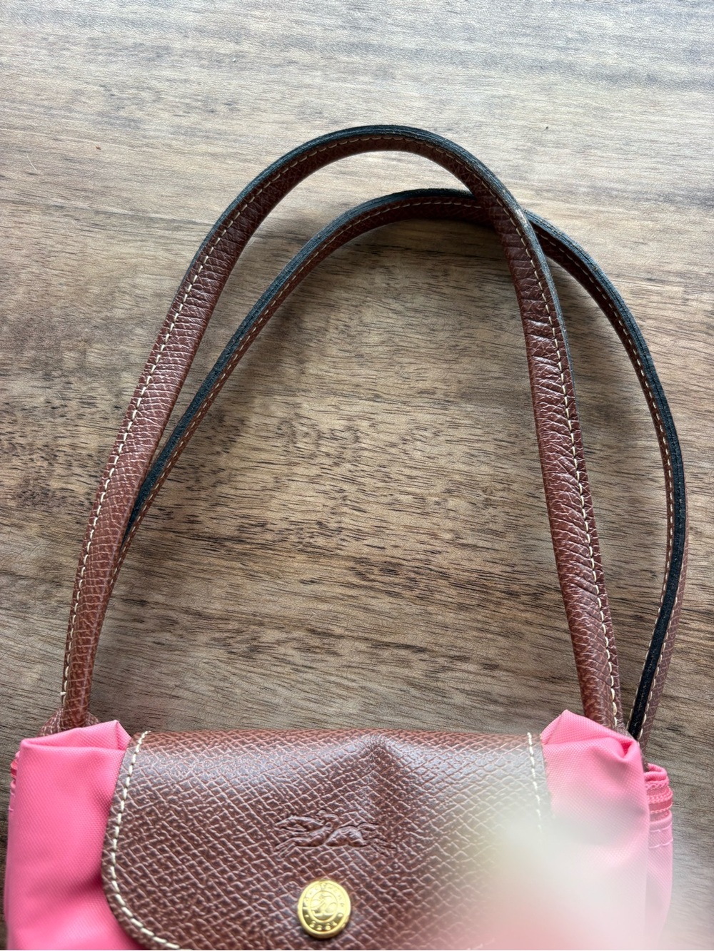 Longchamp Le Pliage Pink/Coral Nylon Tote with Brown Leather Trim - Picture 15 of 15